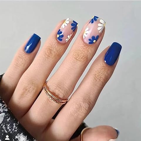 24pcs Short Blue Flower Stick on Nails Cover