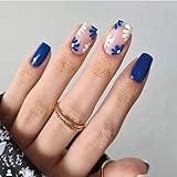 24pcs Short Square False Nails Blue White Flower...