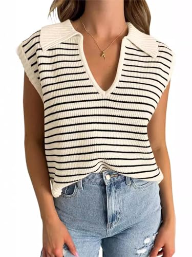 Image of Women's Casual Sleeveless Striped Pullover Sweaters V Neck Lapel Sweater Vests 2025 Fall Clothes