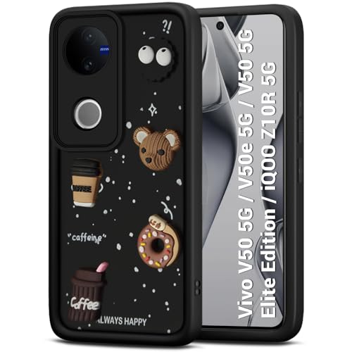 Image of TheGiftKart Back Cover Case for Vivo V50 / V50e / V50 5G Elite Edition /iQOO Z10R / Vivo T4R 5G | Cute Fun Cartoon 3D Bear Coffee Case | Full Camera Protection | Shockproof Cover (Silicone, Black)