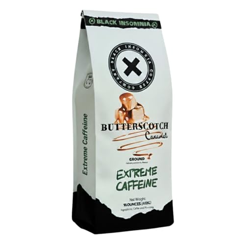 Black Insomnia Extreme Caffeine Coffee - World's Strongest Highly Caffeinated Coffee - Butterscotch Caramel Flavored, Classic Roast, Ground - 1lb