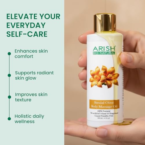 Image of ARISH BIO-NATURAL Sandal Olive Body Massage Oil | Nourishing Olive & Sandalwood Blend for Deep Hydation & Radiant Glow | Relaxing Full Body Oil for Men & Women | Suitable for All Skin Types | 200 ml
