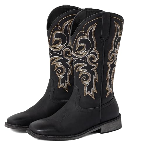 SheSole Wide Calf Cowboy Boots Women Square Toe Western Embroidered Mid Calf Cowgirl Boots, Pull On & Padded Insole Low Heel Fashion Boots for Country Concerts & Work Casual Everyday Style