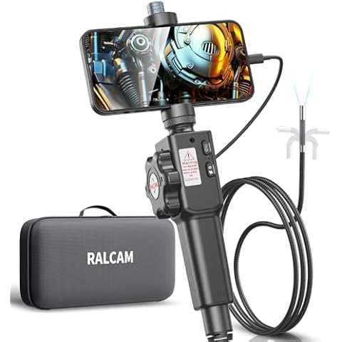 Ralcam Articulating Borescope, Two Way Endoscope Camera with Light, 6.2mm Inspection Snake Camera for Automotive Mechanics Compatiable with iPhone and Android Phone Waterproof 3.3FT Flexible Cable Cover