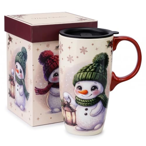 Topadorn 17oz Christmas Ceramic Travel Mug with Lid, Cute Winter Snowman