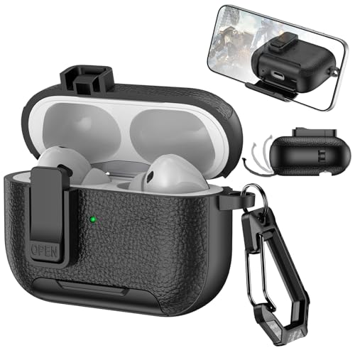 Ysnzaq Custodia per AirPods Pro 2 con Clip di Bloccaggio e Funzione di Supporto, in Pelle Trama, Custodia Protezione Completa del Corpo con Moschettone per AirPod Pro 2 Generation-PWZ Black