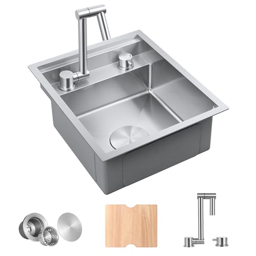 Image of 15 Inch Brushed RV Sink - MENATT 15 x 18 Inch Small Kitchen Sink 18 Gauge Stainless Steel Single Bowl Basin with Foldable Faucet Cutting Board