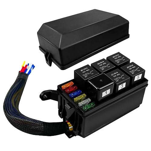 12V Fuse Relay Box, 6 Relay Slots and 6 ATC/ATO Fuse Holder, with 6 Relays and 6 Fuses, Pre-Wired Waterproof Relay Fuse Block for Automotive Car Truck Marine Boat