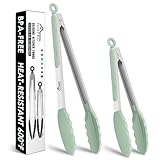 Hotec Premium Stainless Steel Locking Kitchen Tongs with Silicon Tips, Set of 2-9' and 12' Light Green