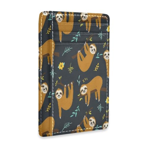Front Pocket Minimalist Leather Slim Wallet Credit Card Holder Brown Sloth for Men & Women