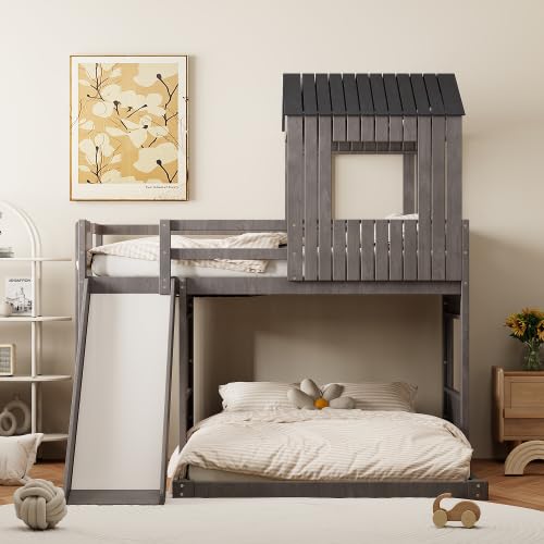 Image of Bellemave Bunk beds Twin Over Full with Slide,Ladders,House roof Design, Kids bunk /loft Bed for Kids,Antique Gray