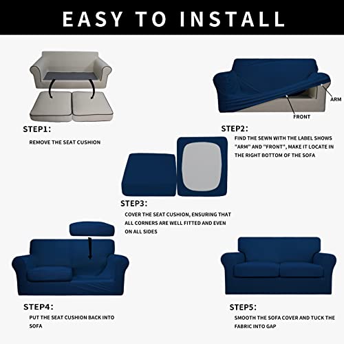 Image of Easy-Going Waterproof 3-Piece Loveseat Cover Couch Covers for Sofa | Stretch Spandex Sofa Cover Protector Elastic Bottom for 2 Cushion Couch Dog Pet Friendly Living Room Navy