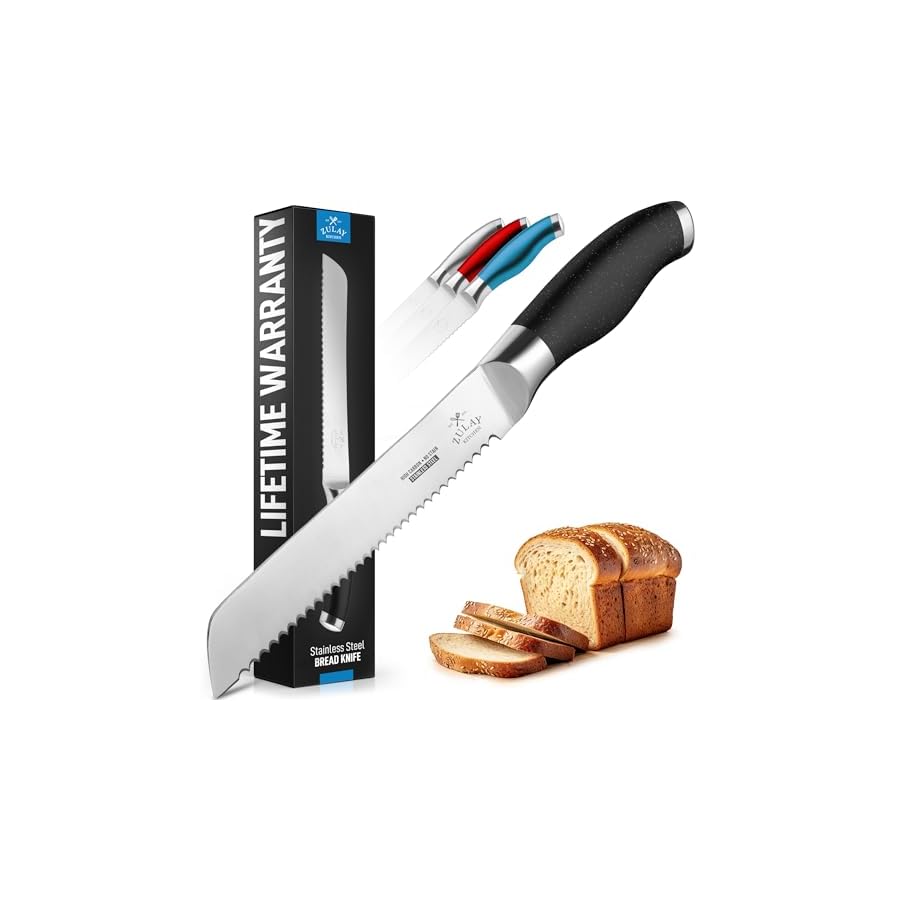 Zulay-Serrated-Bread-Knife-Stainless-Steel-Bread-Knife-for-Homemade-Bread-Cake-Bagel-One-Piece-Bread-Cutter-Slicer-with-Tip-Safety-Guard-Sharp-8-Inch-Blade-5-Inch-Handle-Black Zulay Serrated Bread Knife - Stainless Steel Bread Knife for Homemade Bread, Cake, Bagel - One Piece Bread Cutter & Slicer with Tip Safety Guard - Sharp 8-Inch Blade & 5-Inch Handle (Black)