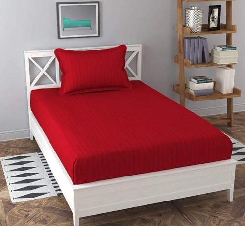 Image of Cotton Blend Fitted Stripe Single Size Elastic Fitted Bedsheets with Pillow Covers (Red SB)