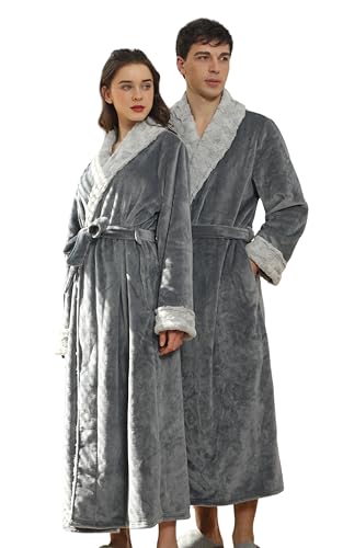 BERDITH Albornoz Largo para Mujer y Hombre, Bata de Forro Polar Unisex, Tallas Grandes, para Parejas, con Cinturón Largo, Gris, XL