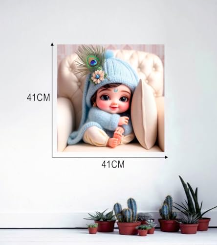 Image of Akki Wold Blue Hidding Kanha On White Soffa Wall Poster For Living Room, Office, Pooja Room (Size - 41CM X 41CM)