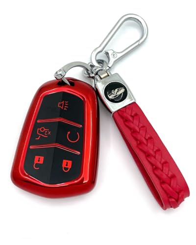 HAOYOUMEI soft TPU Key Case Suitable for Cadillac STS CTS XT5 Escalade CT6 ATS SRX 4/5 Buttons Key (Red Key Cover + Key Chain set)