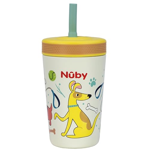 Nuby Thirsty Kids Flexstraw Stainless Steel Insulated Toddler Cup with Leak-Resistant Silicone Straw, Easy-Clean Valve & 12 oz Capacity – Travel Cup with Fun Prints, Dogs