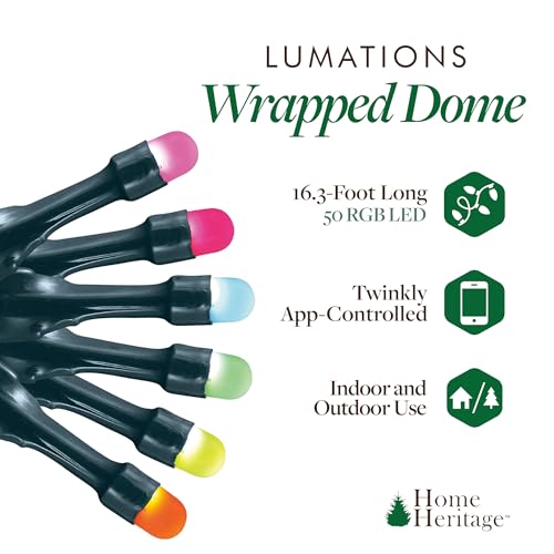 Image of Home Heritage 16.3 Foot Lumations 50 Count Wrapped Dome Christmas Lights - Indoor /Outdoor RGB LED String Lights - Holiday Decor