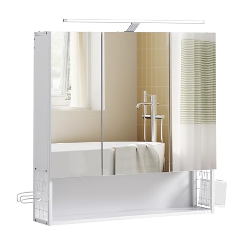 VASAGLE Armadietto da Bagno con Luce LED, 14,5 x 70 x 70 cm, Spina, Cestino Pensile, Porta Asciugacapelli, Mobile a Parete con Specchio, Bianco Nuvola BBK124W14