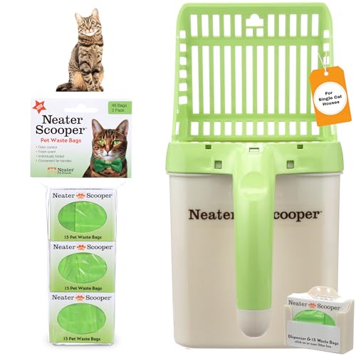 Neater Pet Brands Neater Scooper Standard Cat Litter Scoop, 60 Refill Bags – Mess-Free Cat Litter Scooper with Bag, Spill-Proof Kitty Box Sifter, Bin Doubles as Scoop Holder, For Single-Cat Households