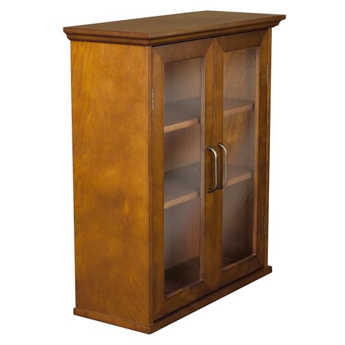Teamson Home Avery Wooden Over The Toilet Bathroom Removable Wall Medicine Cabinet with 2 Adjustable Shelves 3 Storage Spaces 2 Glass-Paneled Doors and Antique Brass Knobs, Oiled Oak by Teamson Home - Image 7