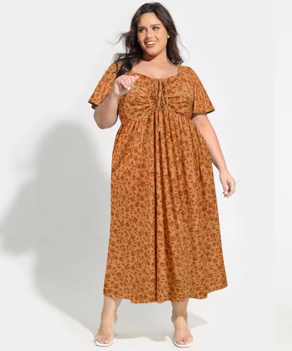 Image of CARCOS Plus Size Dresses for Curvy Women Tie Sweetheart Neck Summer Maxi Dress Short Sleeve Empire Waist Floral Boho Dress