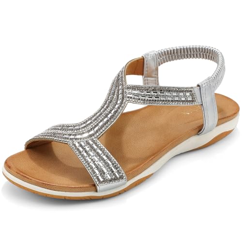 UBFEN Flat Sandals For Women Dressy Walking Comfortable Sandal With Rhinestone Braid Elastic Strap Summer Vacation