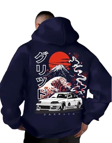 Mens Fleece Japanese Graphic Hoodies, Fashion Pullover Sweatshirt with Hood, Casual Cotton Blend Long Sleeve Fall Winter Streetwear (US, Alpha, X-Large, Regular, Regular, Navy Blue, Mountain & Car)