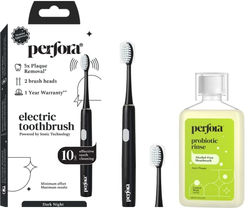 Image of Perfora Electric Toothbrush, 2 Modes, AAA Powered, 2 Brush Heads, 90 Days Battery, 1 Year Warranty, for Men, Women & Kids, 002-Dark (Brush-Mouthwash Combo), 2 Count