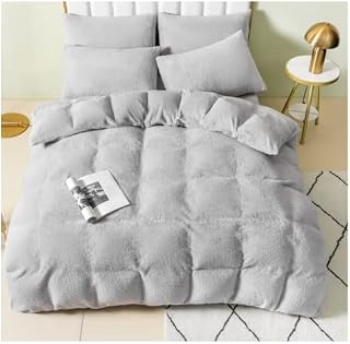 Home In Style 4U Ruby Deals Teddy Fleece Duvet Cover Sets- Thermal Cozy Winter Quilt Cover with Pillowcases- Ultrasoft Plain Teddy Bear Bedding Set Double Charcoal