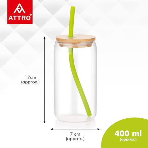 Image of ATTRO 400ml Drinking Glass with Wooden Lid & Silicone Straw Travel Sipper Tumbler- Ideal for Juices, Smoothies &Cocktails - Durable, Leak Proof Glass for On the Go