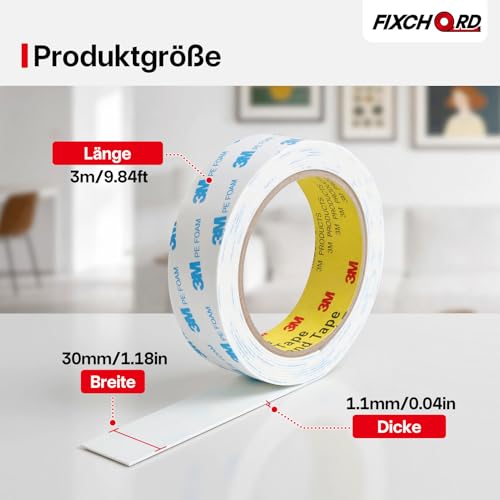 Doppelseitiges Klebeband Extra Stark, 30mm × 3m Doppelklebeband Schaumstoffband, 1600T PE - Montageklebeband, Wasserdichtes Starkes Klebeband für Innen- und, Befestigung von Gegenständen, Bildern