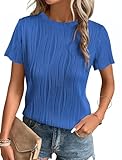 Dimur Shirts for Women Textured Short Sleeve Crewneck Tunic Tops Cute Summer Tops Dressy Casual Ladies Blouses Sky Blue Large
