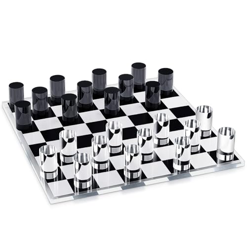 Gemscream Acrylic Checkers Set, 14 x 14 Inch Large Black Clear Modern Cylinder Table Game Board for Adults