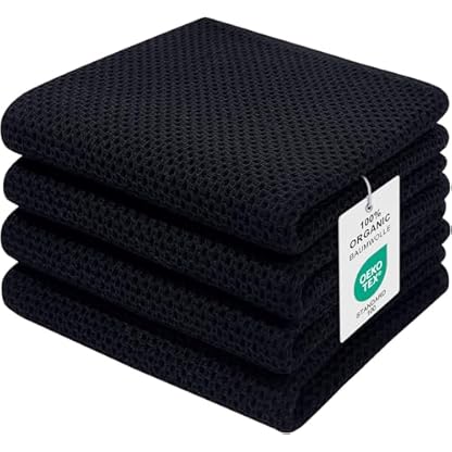 Moosfor Geschirrtücher 100% Baumwolle, 4er Set 32 x 72 cm, Weiche Geschirrhandtücher Küchenhandtücher Saugfähig Küchentücher Dicke Premium Geschirrtuch Spüllappen Putzlappen, Schwarz