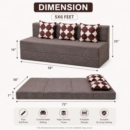 Image of Three Seater Sofa Cum Bed 5x6 Ft with Soft Foam Cushioning, Comfortable Foldable Sofa Bed for Living Room, Bedroom, Guest Room & Office(Warm Grey)