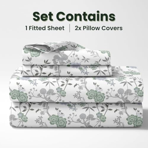 Image of LORETO - A QUALITY LINEN BRAND 144 TC 100% Pure Cotton Double /Queen Fitted Bedsheet with 2 Pillow Covers for 72 x 60 Inch Mattress, All-Around Elastic, 8 Inch Deep Pocket, Sage Green & Silver Blooms