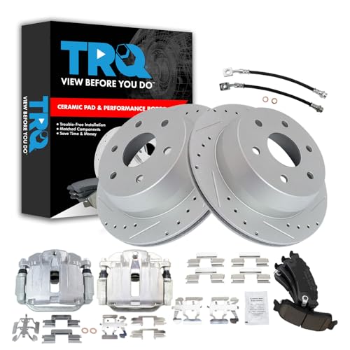 Image of TRQ Performance Rear Brake Pad and Rotor Set Ceramic Slotted Drilled Calipers Compatible with 2000-2001 Chevrolet Tahoe GMC Yukon