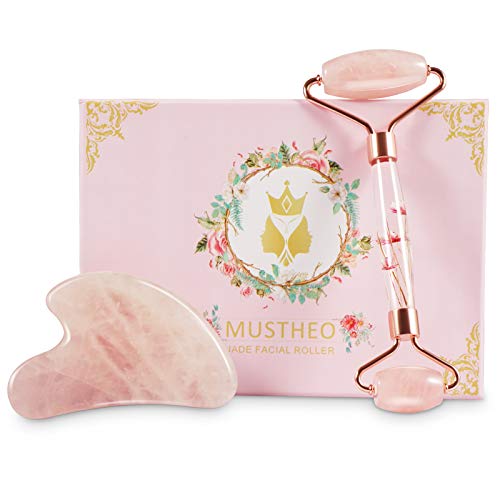 Pink Rose Quartz Face Roller, Jade Roller and Gua Sha Set, Facial Beauty Roller Skincare Tool, for Face, Eye and Neck Massage