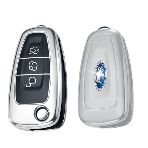 Ford Car Key and Cover for Focus Fiesta, Kuga, Mondeo, C-Max, S-Max, Galaxy, Transit, Tourneo Custom - 3 Buttons (Silver)