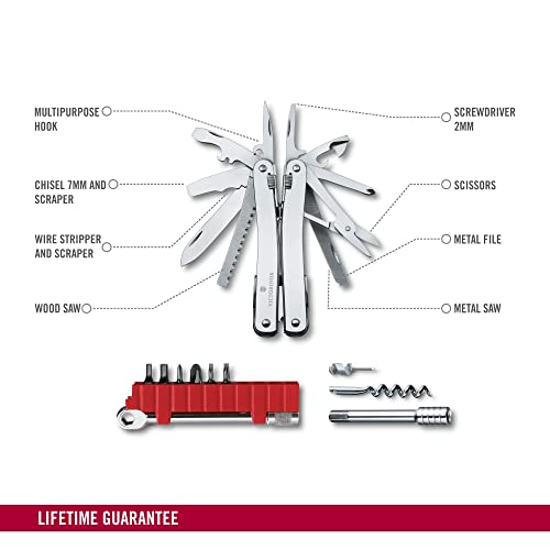 Image of Victorinox Swiss Tool Spirit X Plus Ratchet Swiss Army Knife, 36 Function Swiss Made Multi-Tool with Needle-nose Pliers and Leather Pouch - Silver