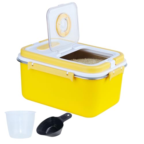 Airtight Stainless Steel Rice Storage Container 10L, Kitchen Pantry Food Canister with Measuring Cup & Spoon, Flip Lid Date Tracker for Flour Sugar Grain Pet Food Baking Supplies(Yellow, Large)