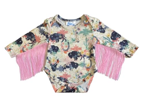 Image of Shea baby Girl Fringe Onesie – Wild Pink Buffalo Western Bodysuit Cowgirl Outfit
