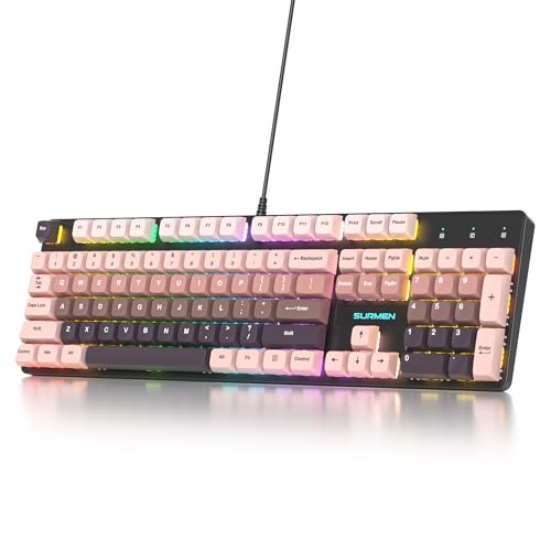 Image of surmen Wired Mechanical Keyboard Full-Size,104-Key RGB Thocky Keyboard with Number Pad USB Retro Brown PBT Keycaps for Win Gaming /Office (104 Heimei)