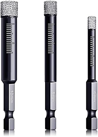 Dry Diamond Drill Bits Set 3 Packs for Granite Porcelain Tile Ceramic Marble Size 6mm, 8mm, 10mm, with Quick Change 6mm Hex Shank and Storage Cases