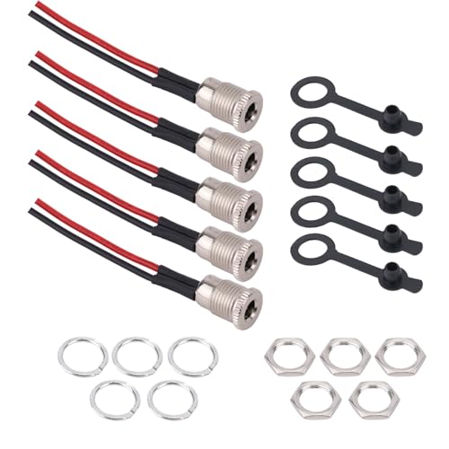 5pcs 5.5x2.1mm DC Power Jack Sockets, 18AWG 15cm/5.9in Power Cable Threaded Female Panel Mount Barrel Connector with Dust Cap for CCTV Security Cameras