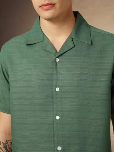 Image of Dennis Lingo Men's Half Sleeve Cuban Collar Solid Textured Relaxed Fit Casual Shirt