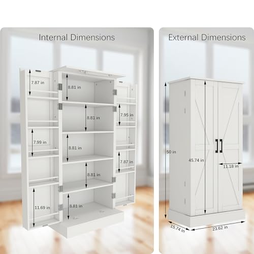 Locsear Kitchen Pantry Storage Cabinet w/LED, 50\" Pantry Cabinets w/Doors and Adjustable Shelves, Freestanding Pantry Cupboard for Kitchen, Dinning Room, Living Room, Small Place, White - Thumbnail 2