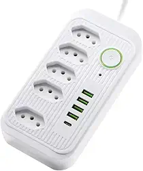 Filtro de Linha 5 Tomadas Padrão Brasileiro 4 USB 1 USB-C Cabo 2m 2500W Bivolt